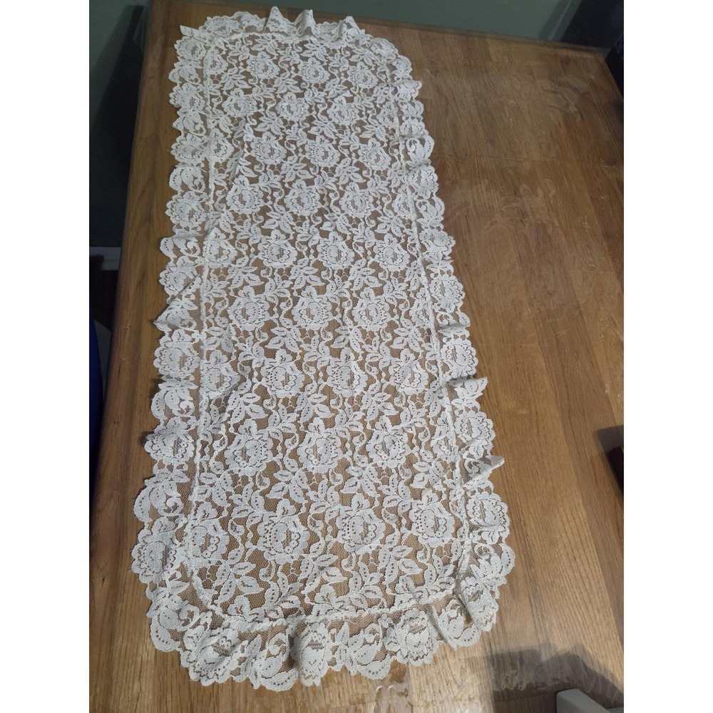 Vintage Lace Table Runner Floral Off White Cottage 12x30 inch